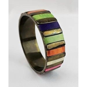 ❤️Colorful Vintage Bone and Brass Bangle Bracelet - Unique, Bohemian Chic